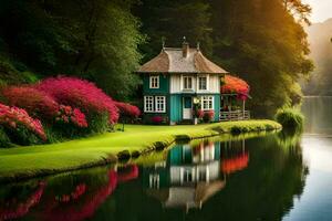 a house sits on the edge of a lake with pink flowers. AI-Generated photo