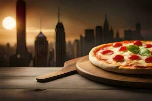 pizza on a wooden board with cityscape in the background. AI-Generated photo