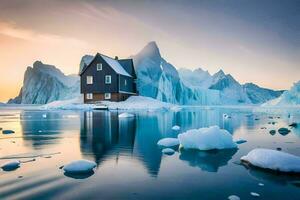 un casa se sienta en un iceberg en frente de montañas. generado por ai foto