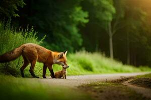 a fox and her cub walking down a road. AI-Generated photo