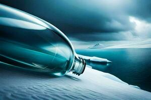 a bottle of water sitting on top of an iceberg. AI-Generated photo