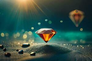 a diamond is sitting on the sand with a sun shining in the background. AI-Generated photo