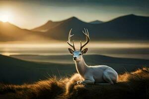 a white deer is sitting on a hill with the sun setting behind it. AI-Generated photo