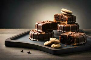 chocolate desserts on a black tray with cookies. AI-Generated photo