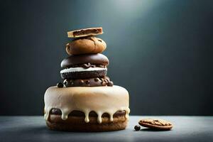 a stack of cookies and a cake with chocolate icing. AI-Generated photo