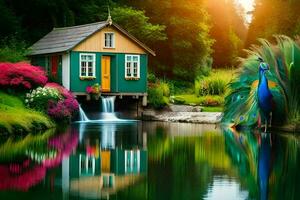 hermosa pavo real en el jardín con un casa y un estanque. generado por ai foto