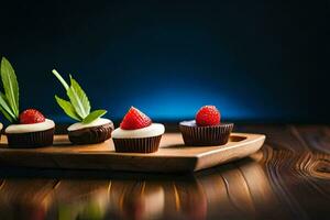 chocolate cupcakes with strawberries on a wooden tray. AI-Generated photo