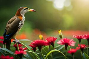 un pájaro es en pie en parte superior de algunos flores generado por ai foto