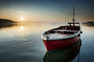 un barco se sienta en el agua a amanecer. generado por ai foto