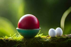 two eggs in a bowl with a red one. AI-Generated photo