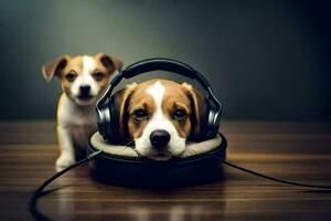 two dogs sitting on a headphone. AI-Generated photo