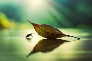a leaf and a bug on the water. AI-Generated photo