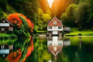 a house sits on the edge of a lake with trees and a forest. AI-Generated photo