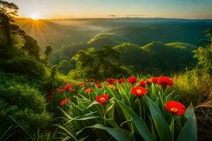 rojo flores en el montañas a amanecer. generado por ai foto