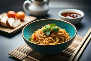 chinese noodles in a bowl with chopsticks and a bowl of chopsticks. AI-Generated photo