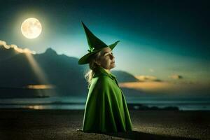 a girl in a green witch hat and cape stands on the beach with the moon in the background. AI-Generated photo