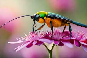 un vistoso error es sentado en parte superior de un flor. generado por ai foto