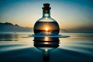 a bottle with a message in it on the water. AI-Generated photo