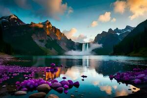 the waterfalls are reflected in the water and purple flowers are floating in the water. AI-Generated photo
