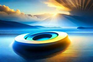 the sun is shining on a circular object in the ocean. AI-Generated photo