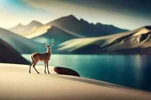 a deer stands on a hill overlooking a lake. AI-Generated photo