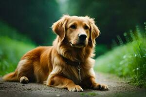 a golden retriever sitting on the ground in the woods. AI-Generated photo