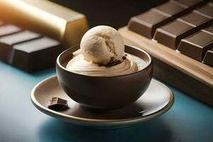 un chocolate hielo crema en un taza con chocolate barras. generado por ai foto