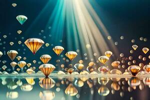 many balloons floating in the air with light shining on them. AI-Generated photo
