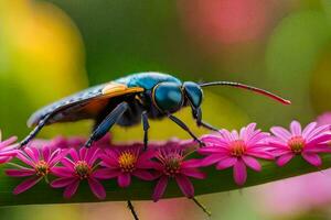 un vistoso insecto es sentado en parte superior de rosado flores generado por ai foto