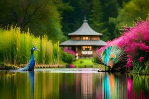 two peacocks are standing in a pond with flowers. AI-Generated photo