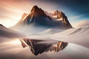 un montaña con nieve y agua en el antecedentes. generado por ai foto