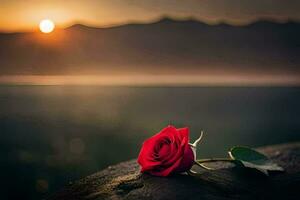 a single red rose sits on a rock in front of the sun. AI-Generated photo