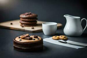 a chocolate cake with cookies and a pitcher of milk. AI-Generated photo