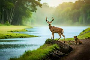 a deer and a lion standing on the bank of a river. AI-Generated photo