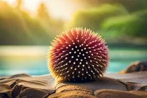 a spiky ball of red and white on a rock. AI-Generated photo