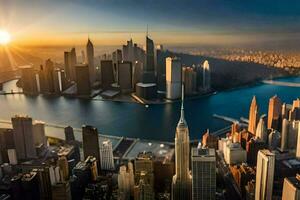 the sun rises over new york city. AI-Generated photo