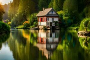 un casa se sienta en el banco de un río. generado por ai foto