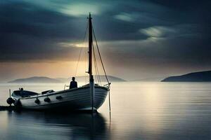 a boat sits on the water in front of a stormy sky. AI-Generated photo