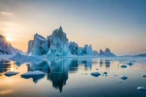 the sun sets over icebergs in the arctic ocean. AI-Generated photo