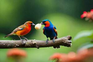 two colorful birds sitting on a branch with a piece of fruit. AI-Generated photo