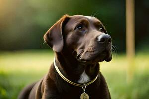 un marrón perro vistiendo un collar y un oro cadena. generado por ai foto