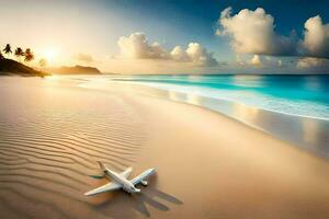 photo wallpaper the sky, beach, sand, plane, sunset, clouds, water, sky,. AI-Generated