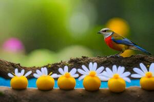 un pájaro se sienta en parte superior de un flor maceta con margaritas generado por ai foto