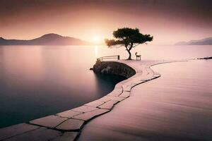 a lone tree stands on a pier overlooking the water. AI-Generated photo