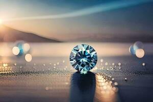 a diamond sitting on the water with a sun shining. AI-Generated photo