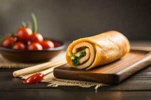 a roll with vegetables and tomatoes on a wooden cutting board. AI-Generated photo