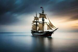 a tall ship sailing in the ocean at sunset. AI-Generated photo
