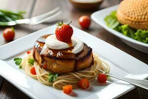 a plate with a steak and spaghetti on it. AI-Generated photo