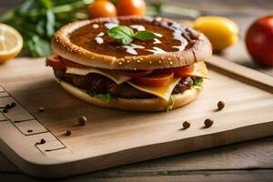 a hamburger with cheese and tomato on a wooden cutting board. AI-Generated photo
