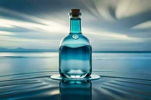 a bottle of water sitting on the beach with a sky background. AI-Generated photo